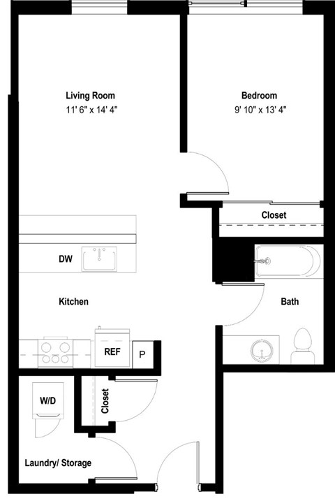 Floor plan for 1 bed, 1 bath, 724 sqft